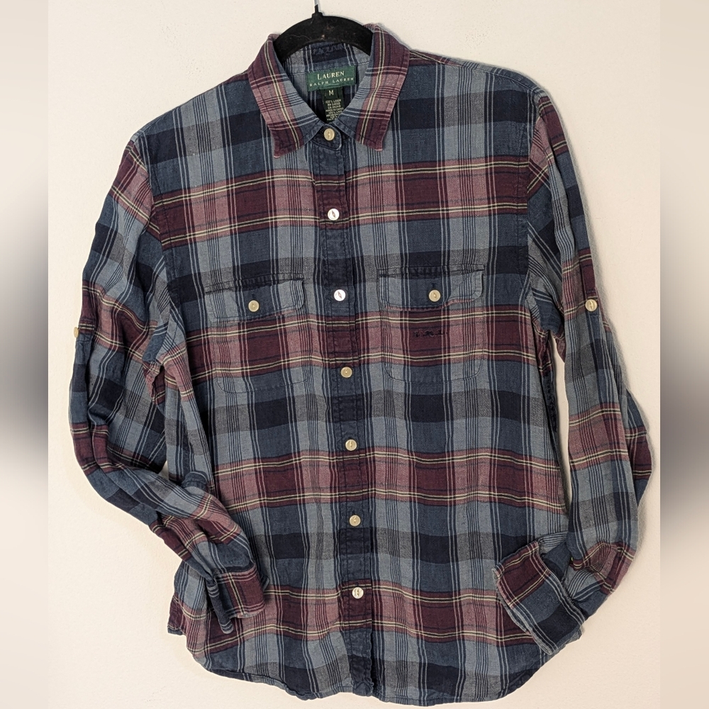 Lauren Ralph Lauren Linen Blue Plaid Buttom Down Shirt Women’s Sz M Roll Up